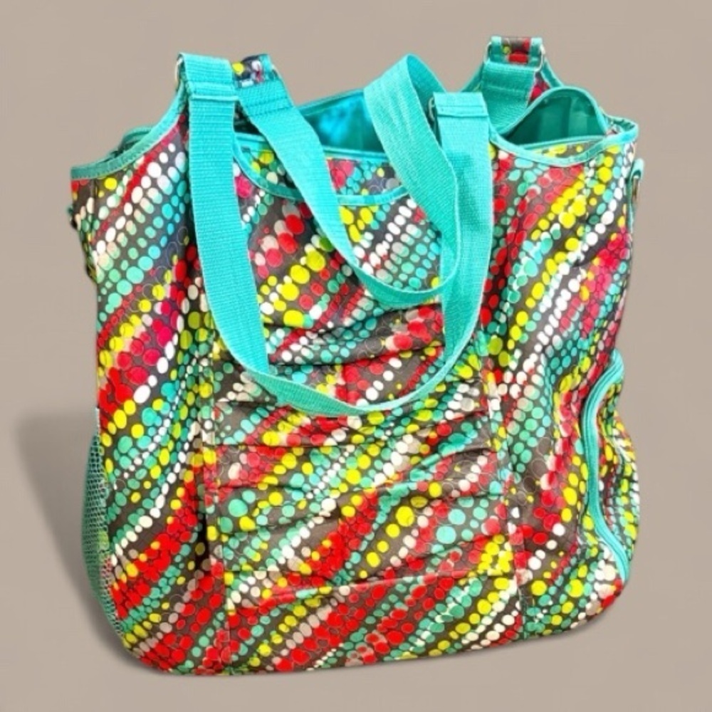 Polka Dot Women's Tote Bag Thirty one 31 gym bag workout shoe compartment teal - Picture 2 of 6